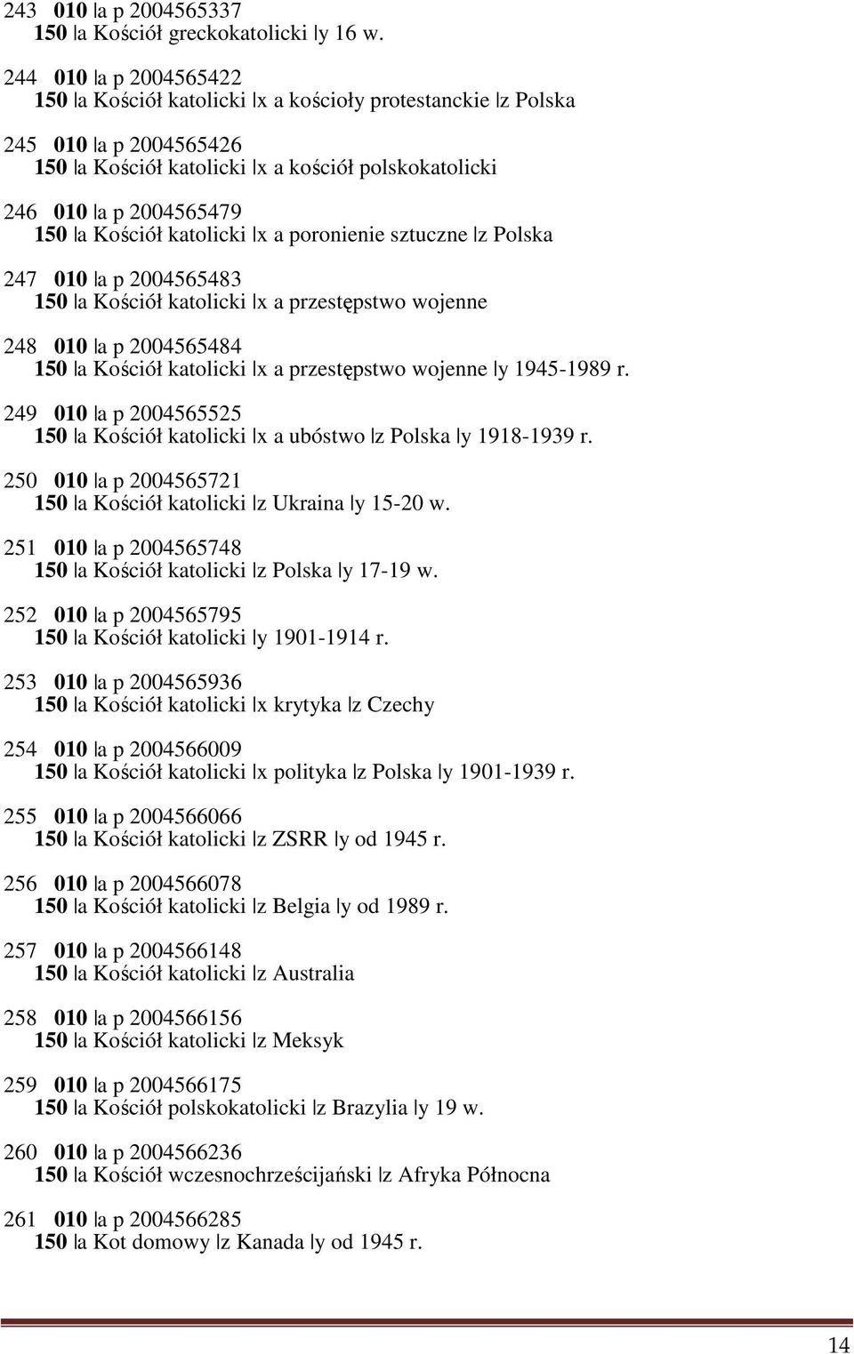 katolicki x a poronienie sztuczne z Polska 247 010 a p 2004565483 150 a Kościół katolicki x a przestępstwo wojenne 248 010 a p 2004565484 150 a Kościół katolicki x a przestępstwo wojenne y 1945-1989