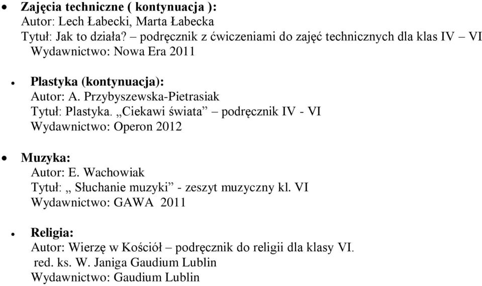 Przybyszewska-Pietrasiak Tytuł: Plastyka. Ciekawi świata podręcznik IV - VI Wydawnictwo: Operon 2012 Muzyka: Autor: E.