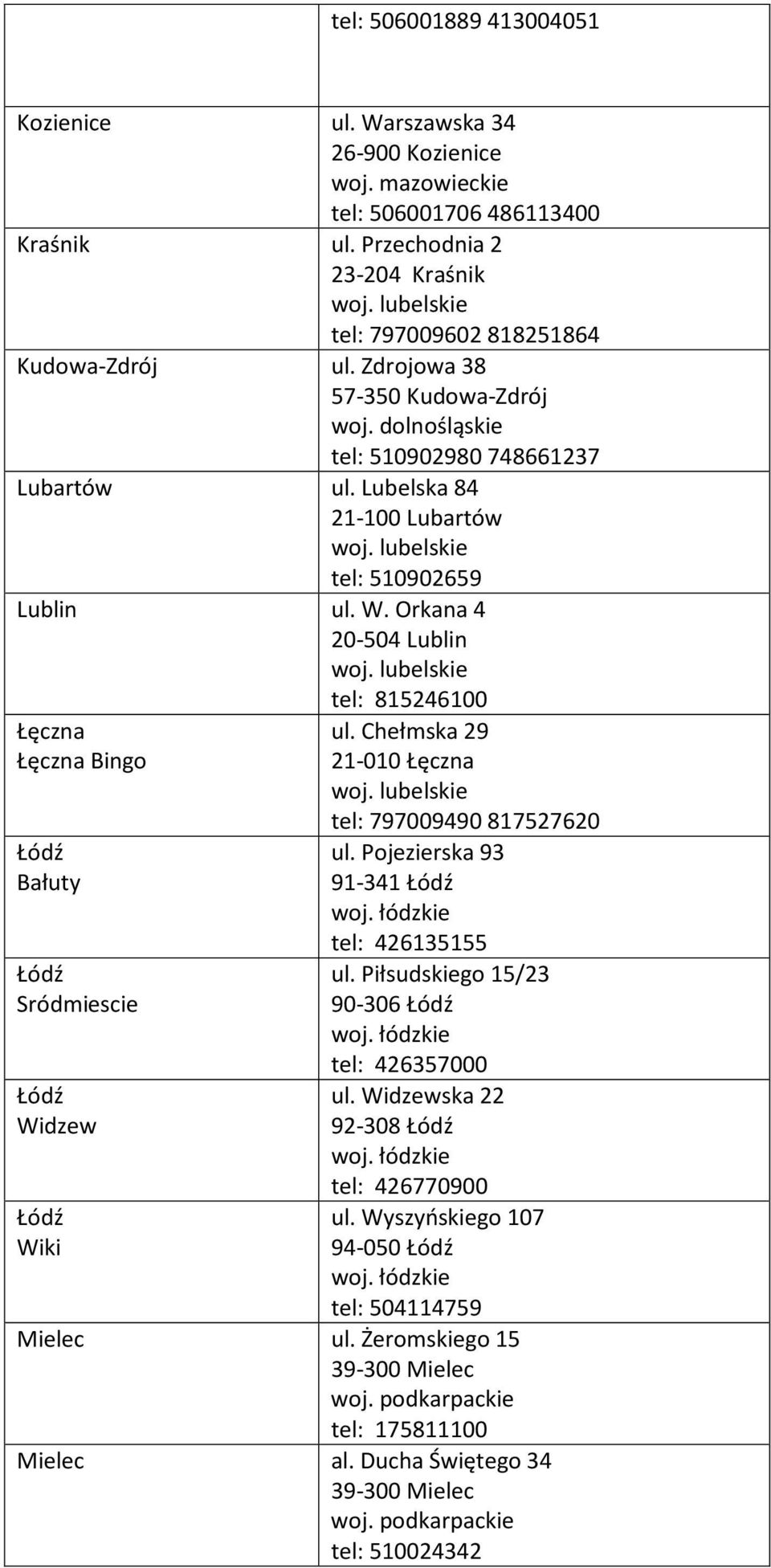 Orkana 4 20-504 Lublin tel: 815246100 Łęczna Łęczna Bingo Łódź Bałuty Łódź Sródmiescie Łódź Widzew Łódź Wiki ul. Chełmska 29 21-010 Łęczna tel: 797009490 817527620 ul.