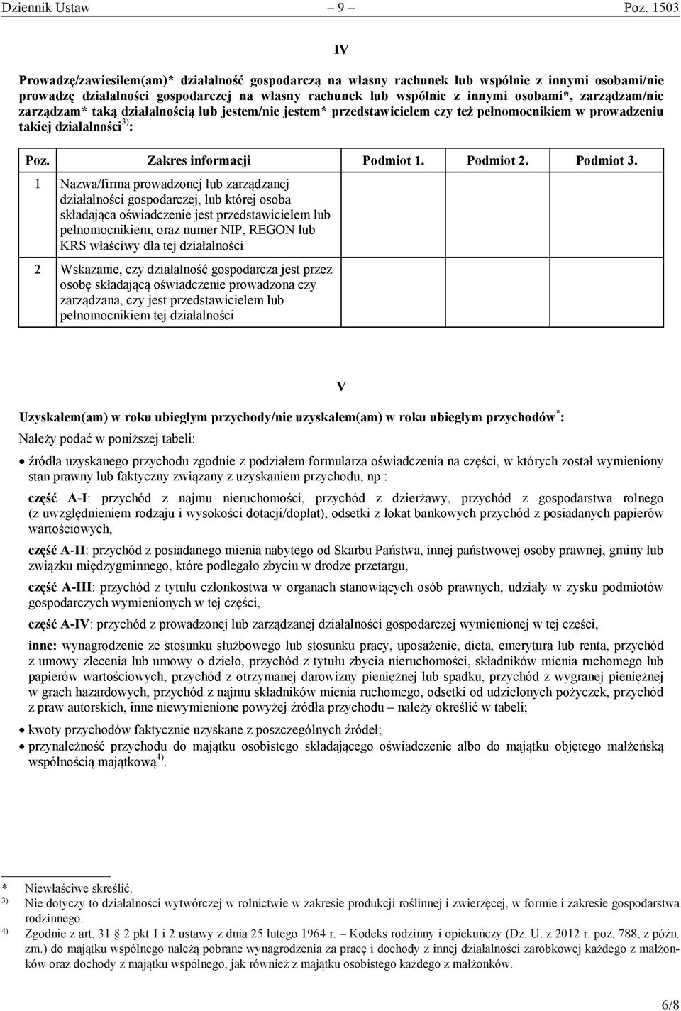 zarządzam/nie zarządzam* taką działalnością lub jestem/nie jestem* przedstawicielem czy też pełnomocnikiem w prowadzeniu takiej działalności 3) : Poz. Zakres informacji Podmiot 1. Podmiot 2.