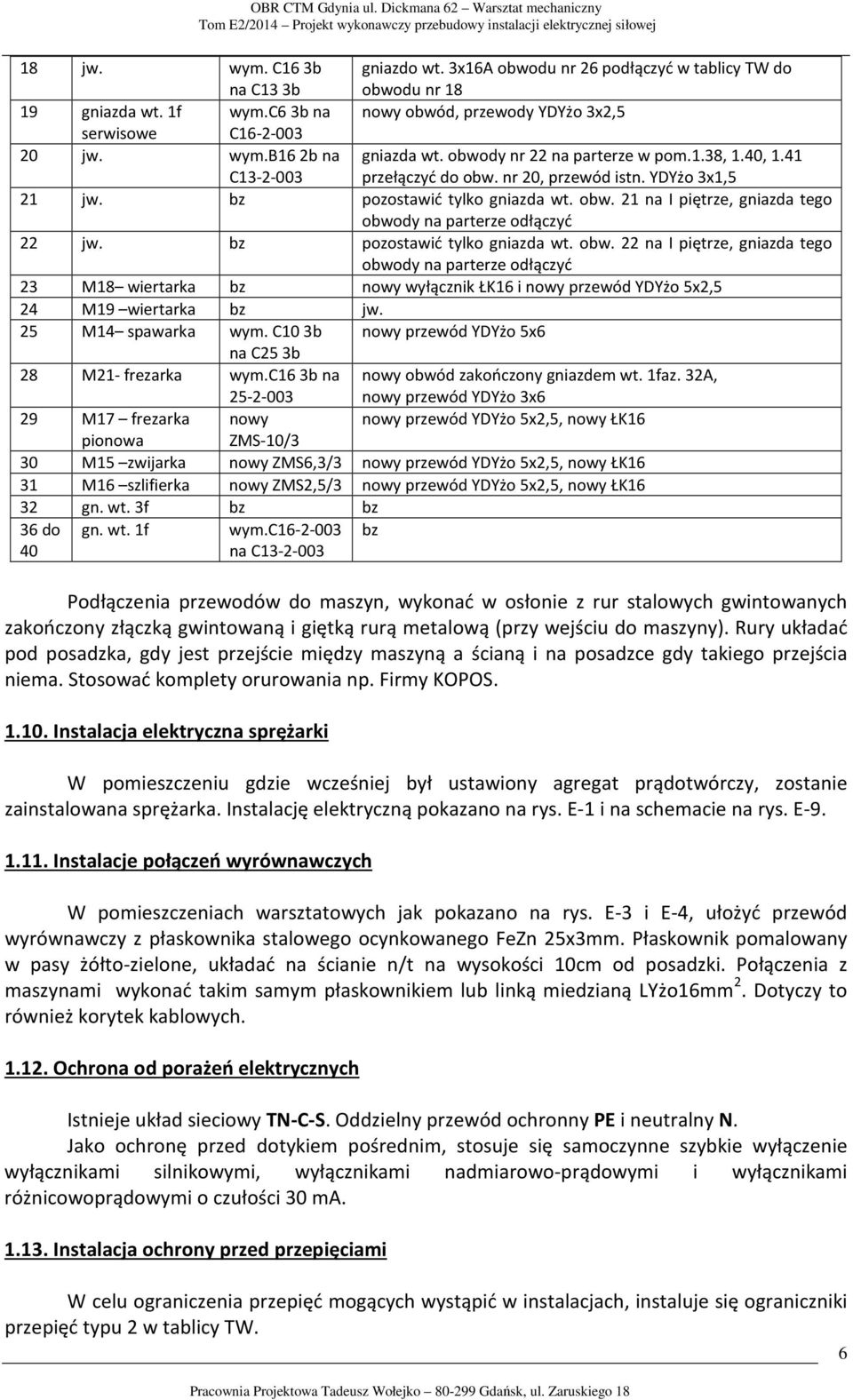 bz pozostawić tylko gniazda wt. obw. 22 na I piętrze, gniazda tego obwody na parterze odłączyć 23 M18 wiertarka bz nowy wyłącznik ŁK16 i nowy przewód YDYżo 5x2,5 24 M19 wiertarka bz jw.