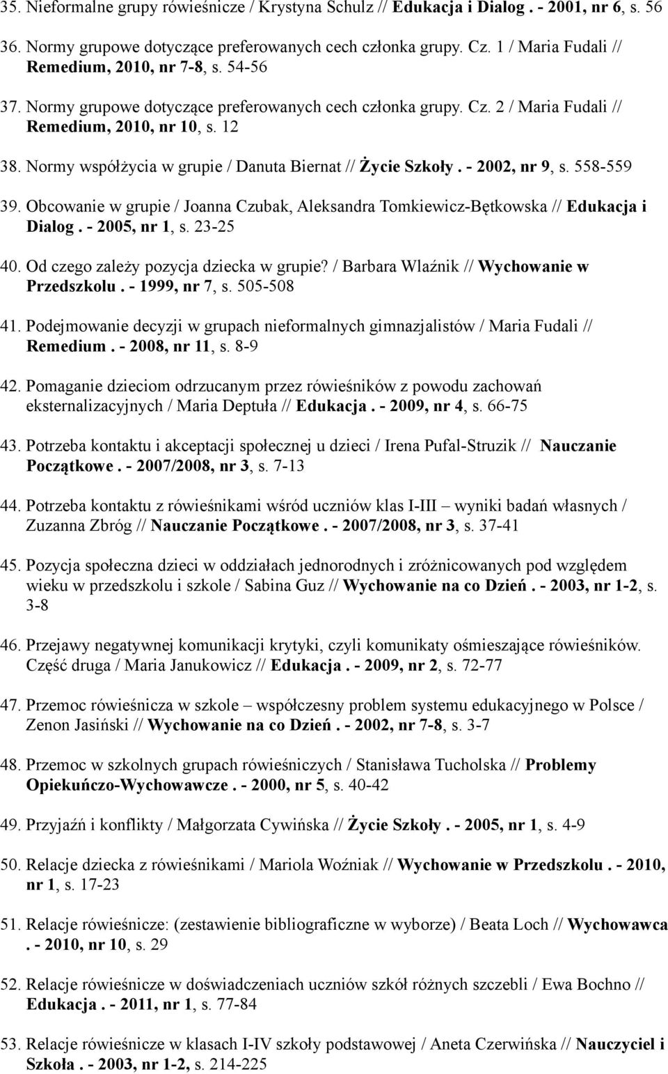 Normy współżycia w grupie / Danuta Biernat // Życie Szkoły. - 2002, nr 9, s. 558-559 39. Obcowanie w grupie / Joanna Czubak, Aleksandra Tomkiewicz-Bętkowska // Edukacja i Dialog. - 2005, nr 1, s.