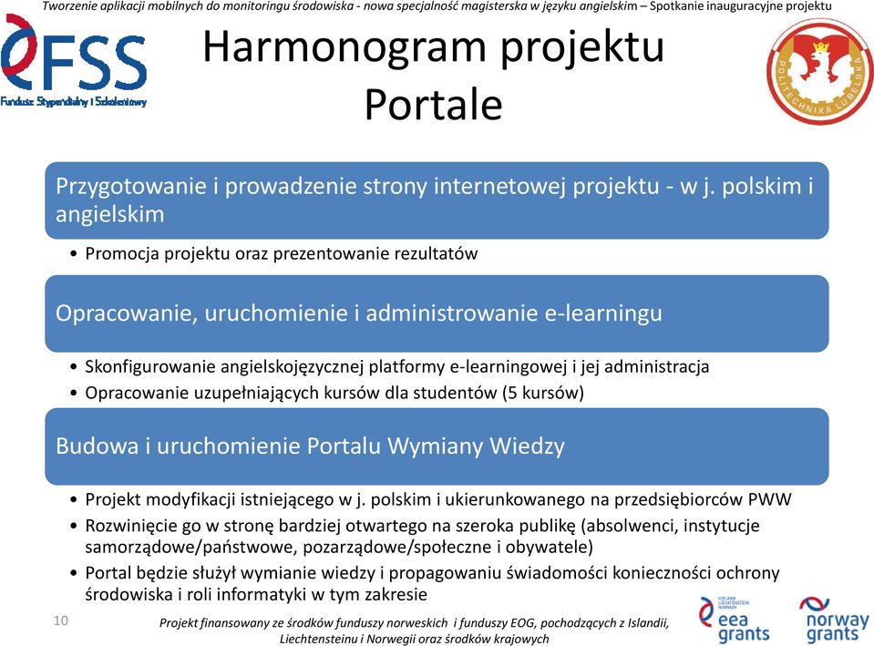 administracja Opracowanie uzupełniających kursów dla studentów (5 kursów) Budowa i uruchomienie Portalu Wymiany Wiedzy 10 Projekt modyfikacji istniejącego w j.