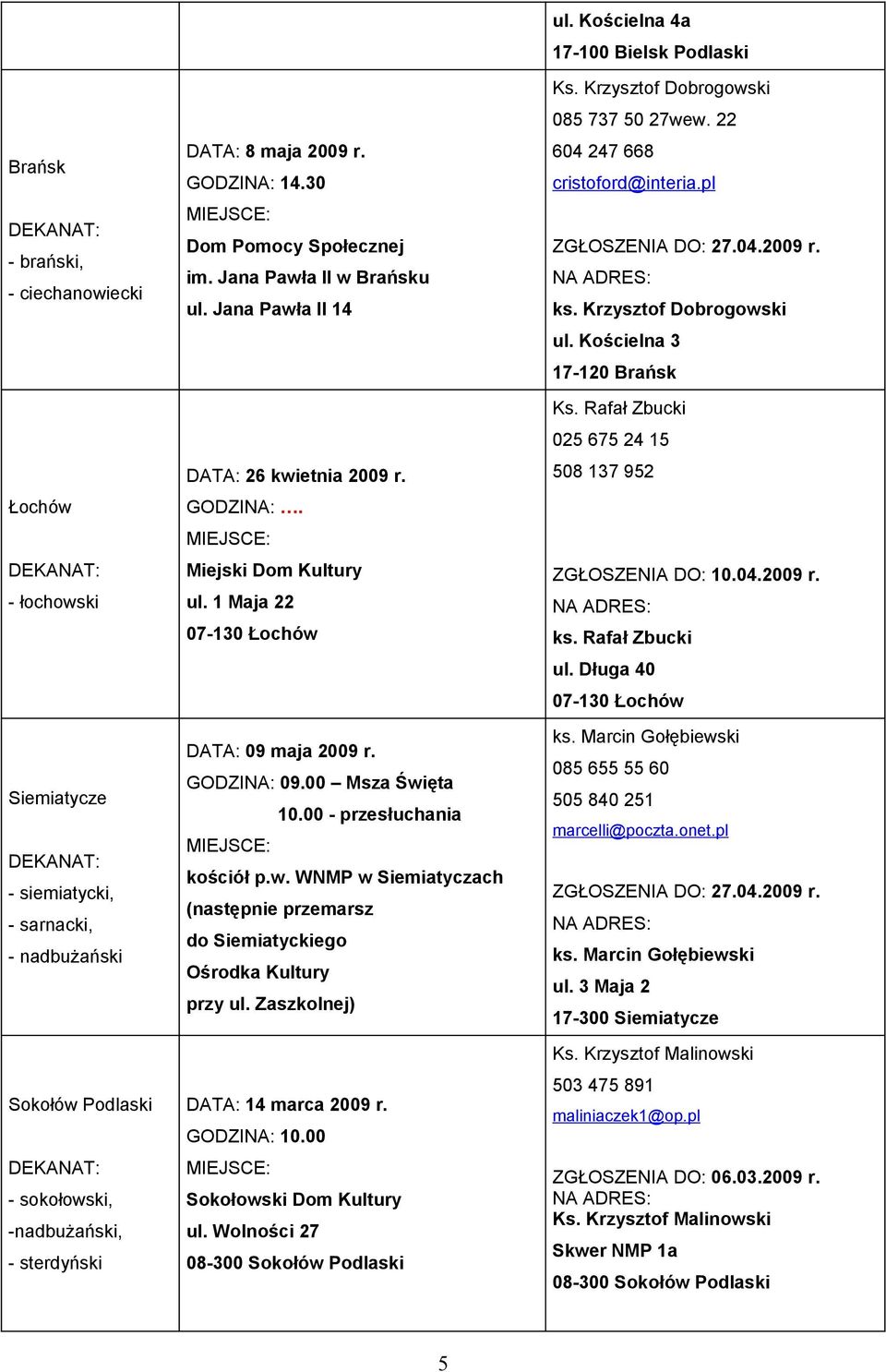 00 Msza Święta 10.00 - przesłuchania kościół p.w. WNMP w Siemiatyczach (następnie przemarsz do Siemiatyckiego Ośrodka Kultury przy ul. Zaszkolnej) DATA: 14 marca 2009 r. GODZINA: 10.