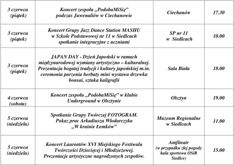 00 3 czerwca JAPAN DAY - Dzień Japoński w ramach międzynarodowej wymiany artystyczno kulturalnej. Prezentacja bogatej tradycji i kultury japońskiej m.in.