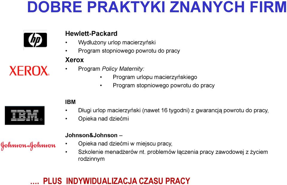 macierzyński (nawet 16 tygodni) z gwarancją powrotu do pracy, Opieka nad dziećmi Johnson&Johnson Opieka nad dziećmi w