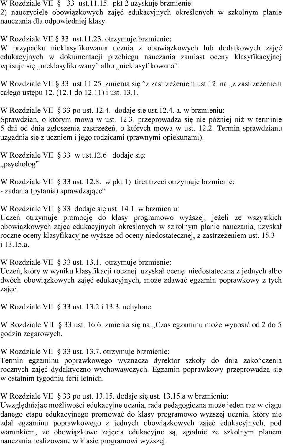 nieklasyfikowany albo nieklasyfikowana. W Rozdziale VII 33 ust.11.25. zmienia się z zastrzeżeniem ust.12. na z zastrzeżeniem całego ustępu 12. (12.1 do 12.11) i ust. 13.1. W Rozdziale VII 33 po ust.