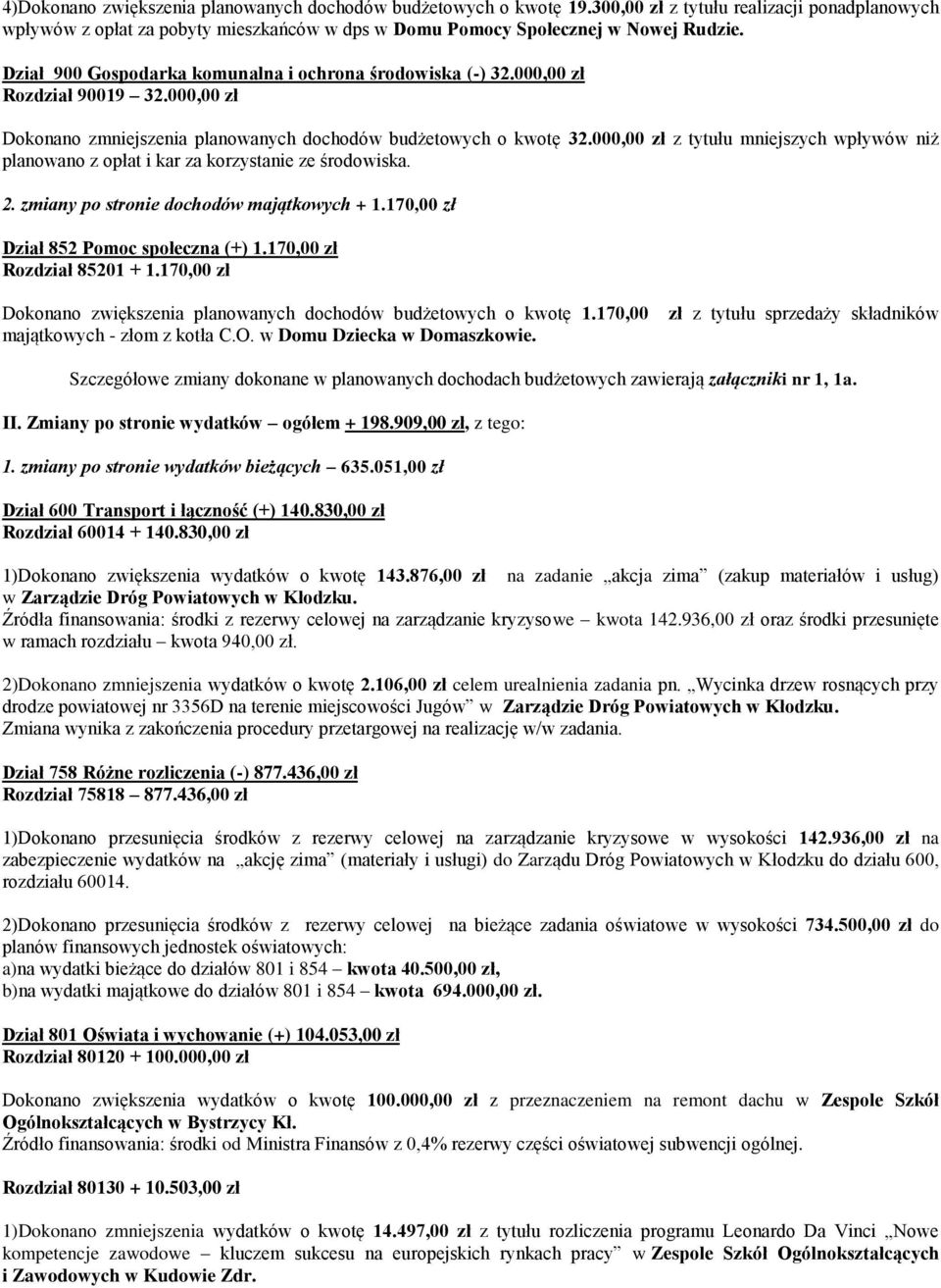 000,00 zł z tytułu mniejszych wpływów niż planowano z opłat i kar za korzystanie ze środowiska. 2. zmiany po stronie dochodów majątkowych + 1.170,00 zł Dział 852 Pomoc społeczna (+) 1.