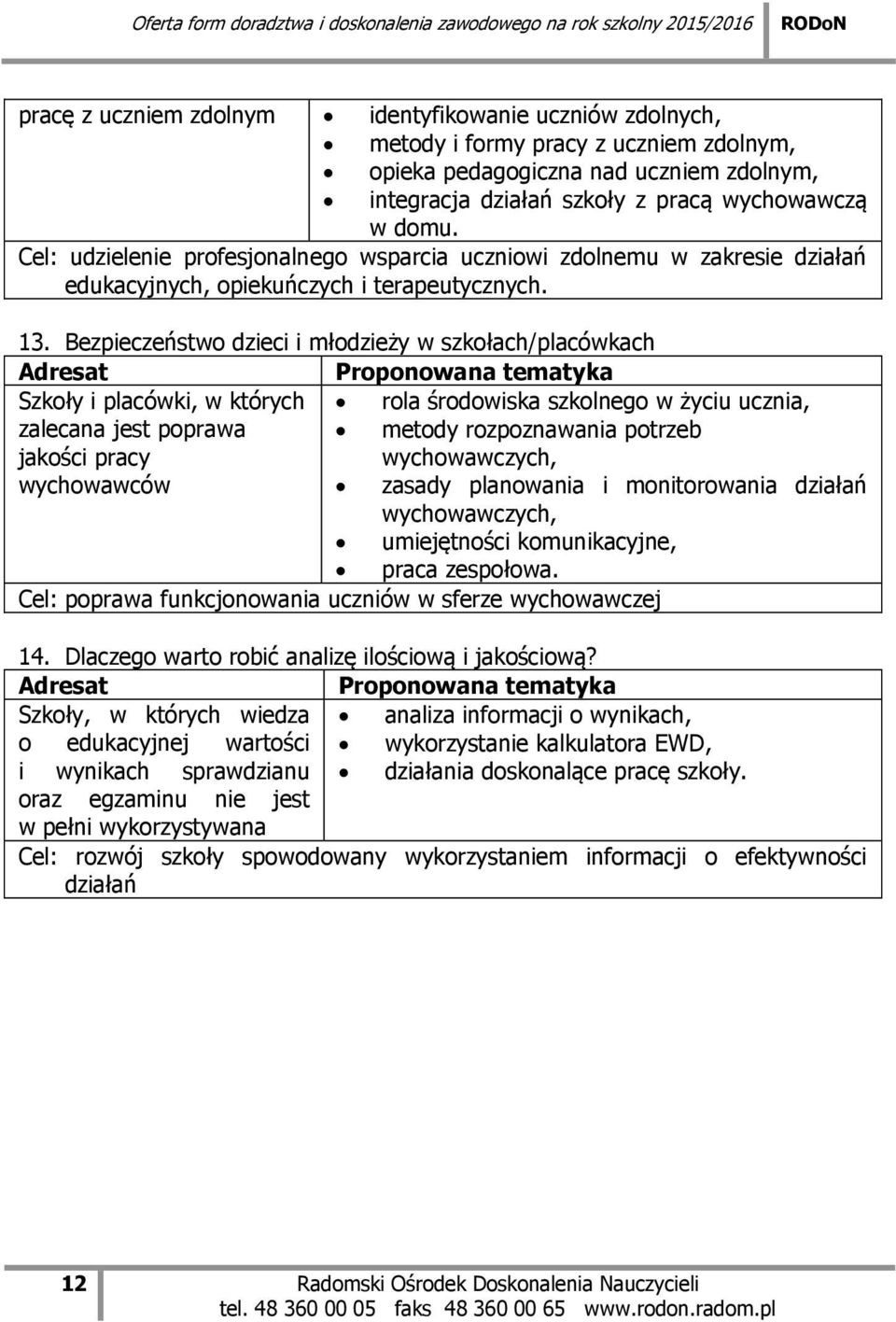 Bezpieczeństwo dzieci i młodzieży w szkołach/placówkach Adresat Proponowana tematyka Szkoły i placówki, w których rola środowiska szkolnego w życiu ucznia, zalecana jest poprawa jakości pracy metody