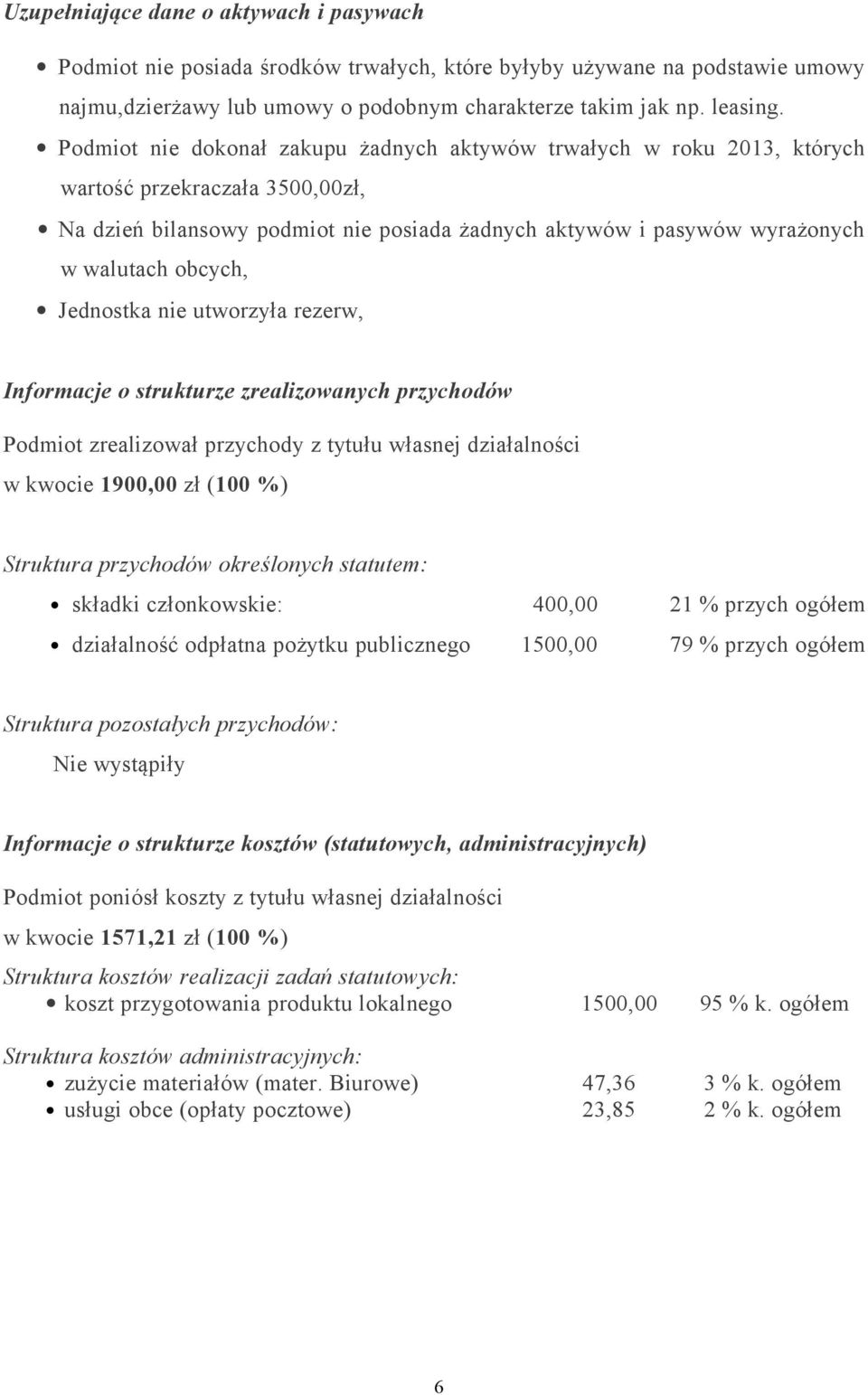 Jednostka nie utworzyła rezerw, Informacje o strukturze zrealizowanych przychodów Podmiot zrealizował przychody z tytułu własnej działalności w kwocie 1900,00 zł (100 %) Struktura przychodów