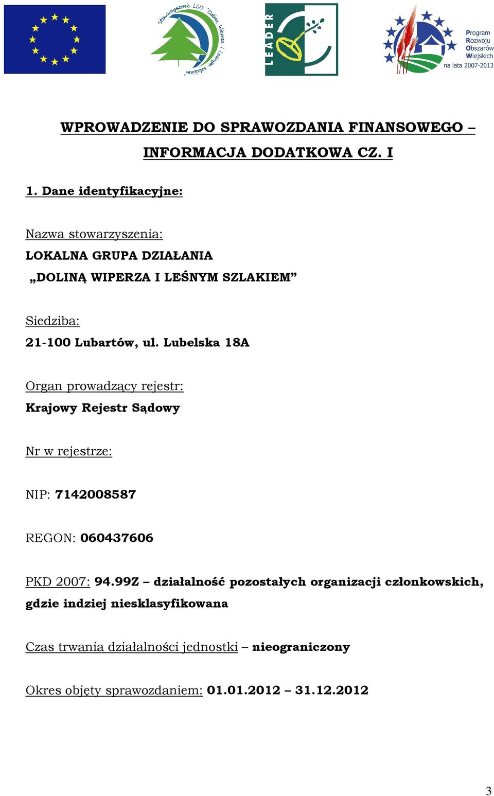 ul. Lubelska 18A Organ prowadzący rejestr: Krajowy Rejestr Sądowy Nr w rejestrze: NIP: 7142008587 REGON: 060437606 PKD 2007: 94.