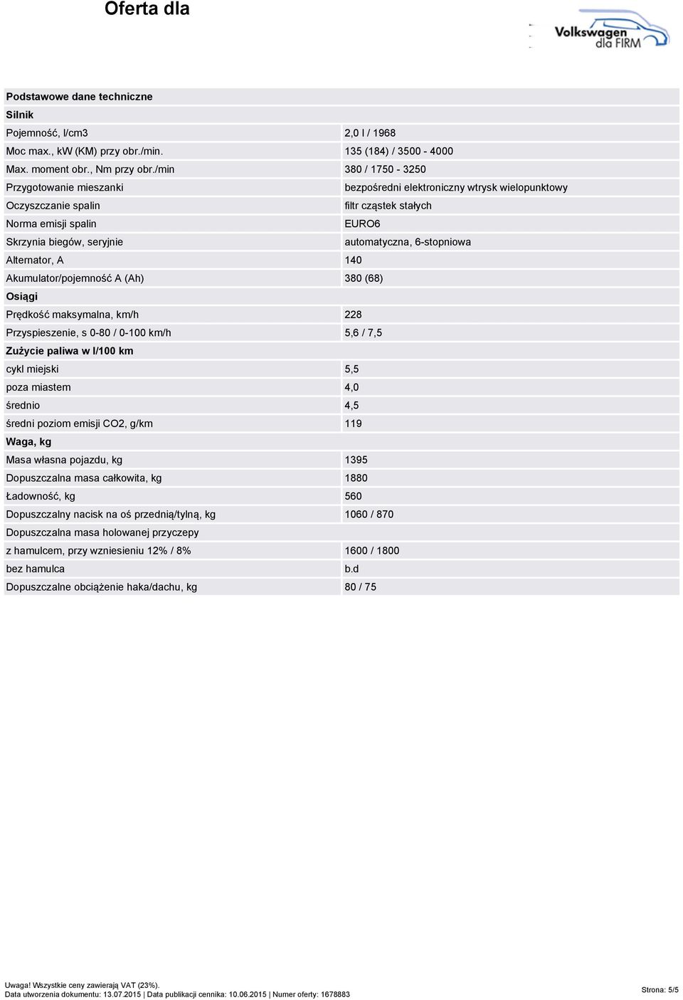 6-stopniowa Alternator, A 140 Akumulator/pojemność A (Ah) 380 (68) Osiągi Prędkość maksymalna, km/h 228 Przyspieszenie, s 0-80 / 0-100 km/h 5,6 / 7,5 Zużycie paliwa w l/100 km cykl miejski 5,5 poza