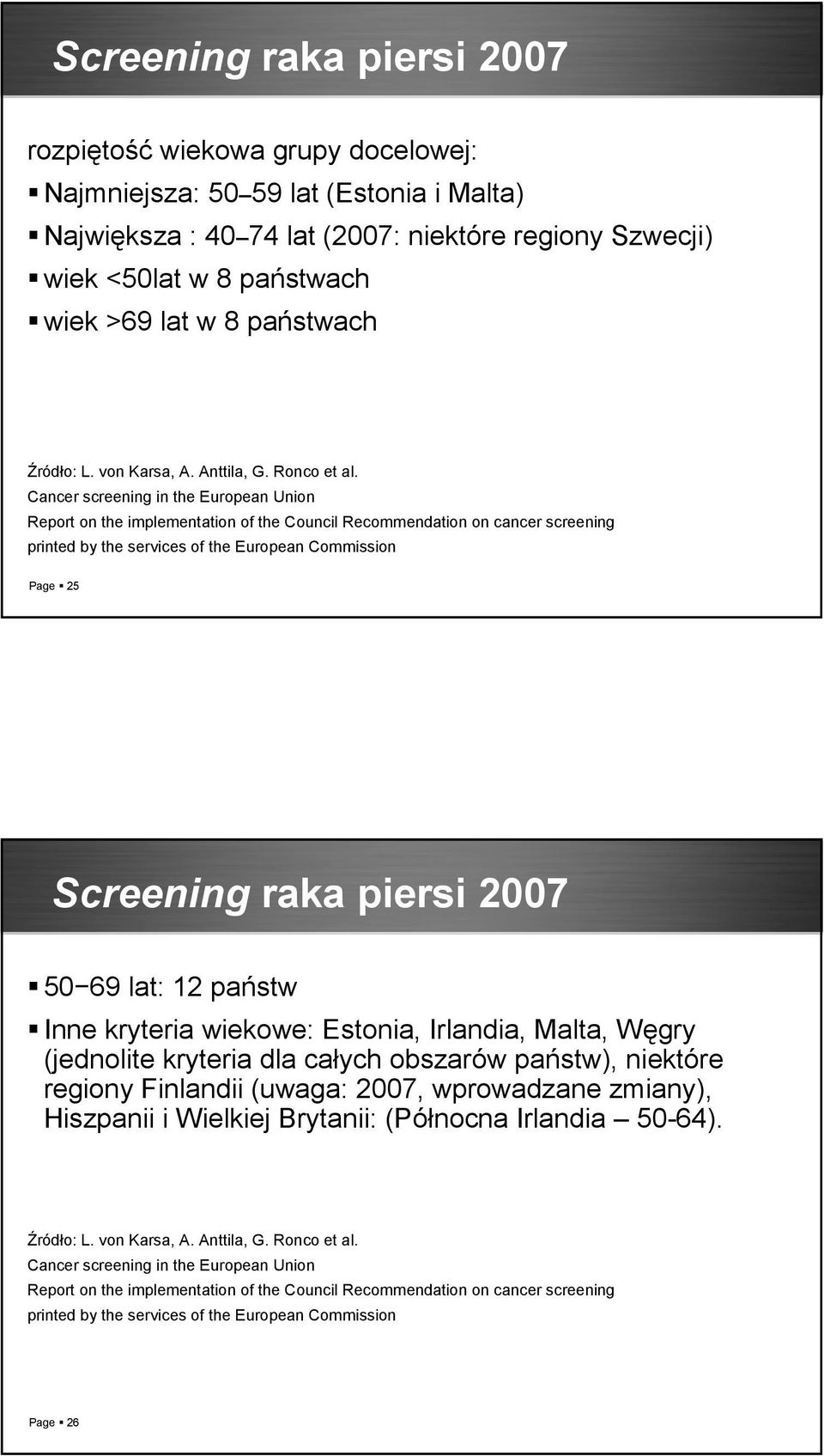 69 lat: 12 państw Inne kryteria wiekowe: Estonia, Irlandia, Malta, Węgry (jednolite kryteria dla całych obszarów państw), niektóre regiony Finlandii (uwaga: 2007,