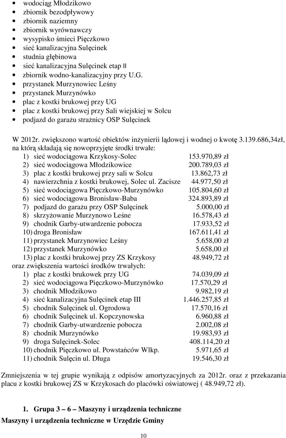 przystanek Murzynowiec Leśny przystanek Murzynówko plac z kostki brukowej przy UG plac z kostki brukowej przy Sali wiejskiej w Solcu podjazd do garażu strażnicy OSP Sulęcinek W 2012r.