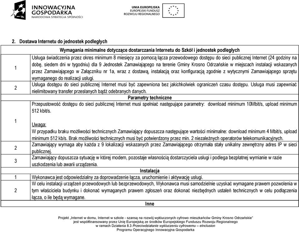 Zamawiającego w Załączniku nr 1a, wraz z dostawą, instalacją oraz konfiguracją zgodnie z wytycznymi Zamawiającego sprzętu wymaganego do realizacji usługi.