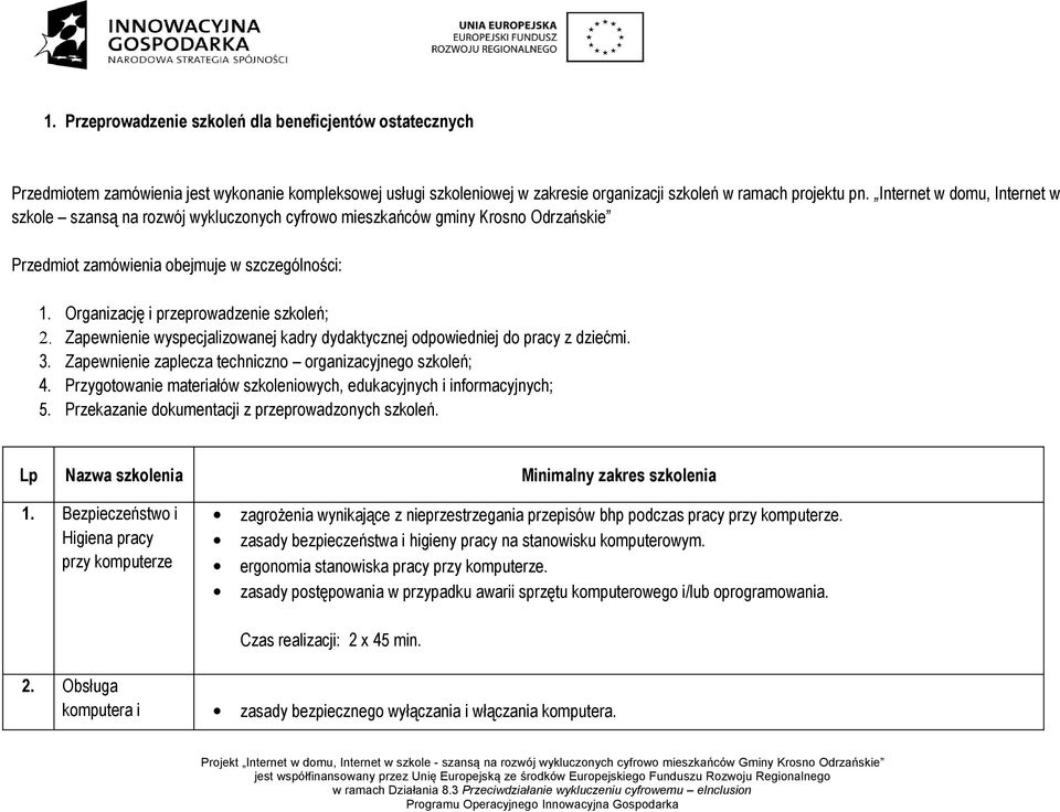 Zapewnienie wyspecjalizowanej kadry dydaktycznej odpowiedniej do pracy z dziećmi. 3. Zapewnienie zaplecza techniczno organizacyjnego szkoleń; 4.