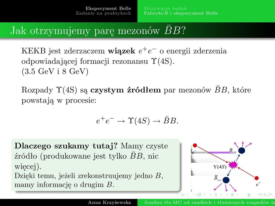 5 GeV i 8 GeV) Rozpady Υ(4S) są czystym źródłem par mezonów BB, które powstają w procesie: e + e Υ(4S) BB.