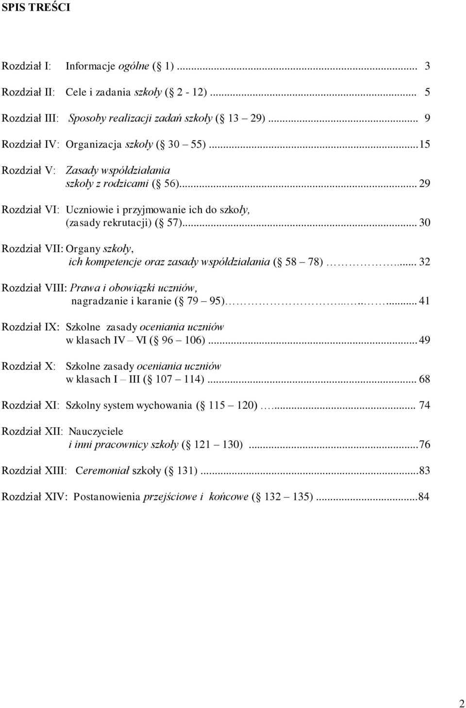 .. 30 Rozdział VII: Organy szkoły, ich kompetencje oraz zasady współdziałania ( 58 78)... 32 Rozdział VIII: Prawa i obowiązki uczniów, nagradzanie i karanie ( 79 95).