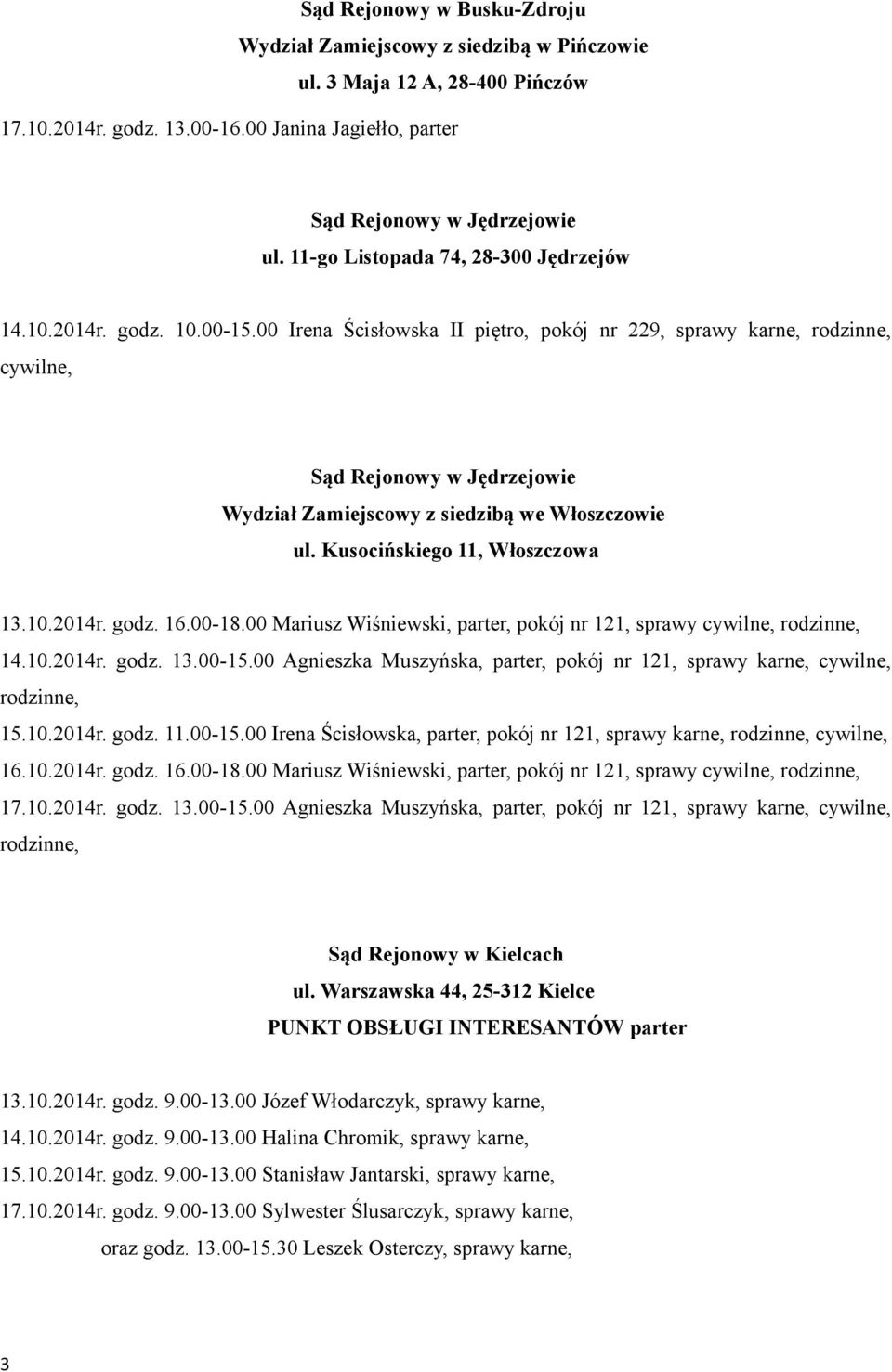 00 Irena Ścisłowska II piętro, pokój nr 229, sprawy karne, rodzinne, cywilne, Sąd Rejonowy w Jędrzejowie Wydział Zamiejscowy z siedzibą we Włoszczowie ul. Kusocińskiego 11, Włoszczowa 13.10.2014r.