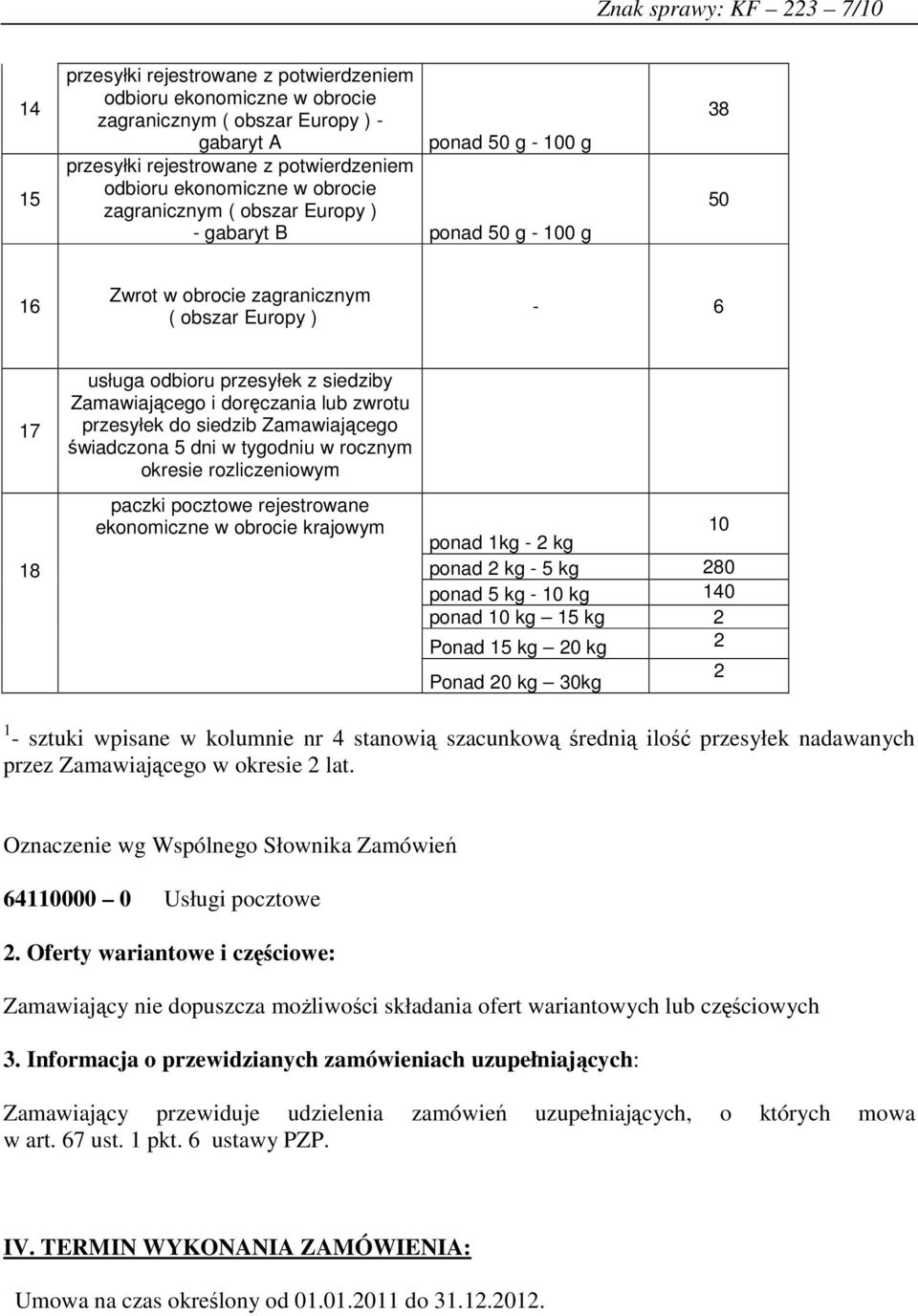 zwrotu przesyłek do siedzib Zamawiającego świadczona 5 dni w tygodniu w rocznym okresie rozliczeniowym paczki pocztowe rejestrowane ekonomiczne w obrocie krajowym 10 ponad 1kg - kg ponad kg - 5 kg 80