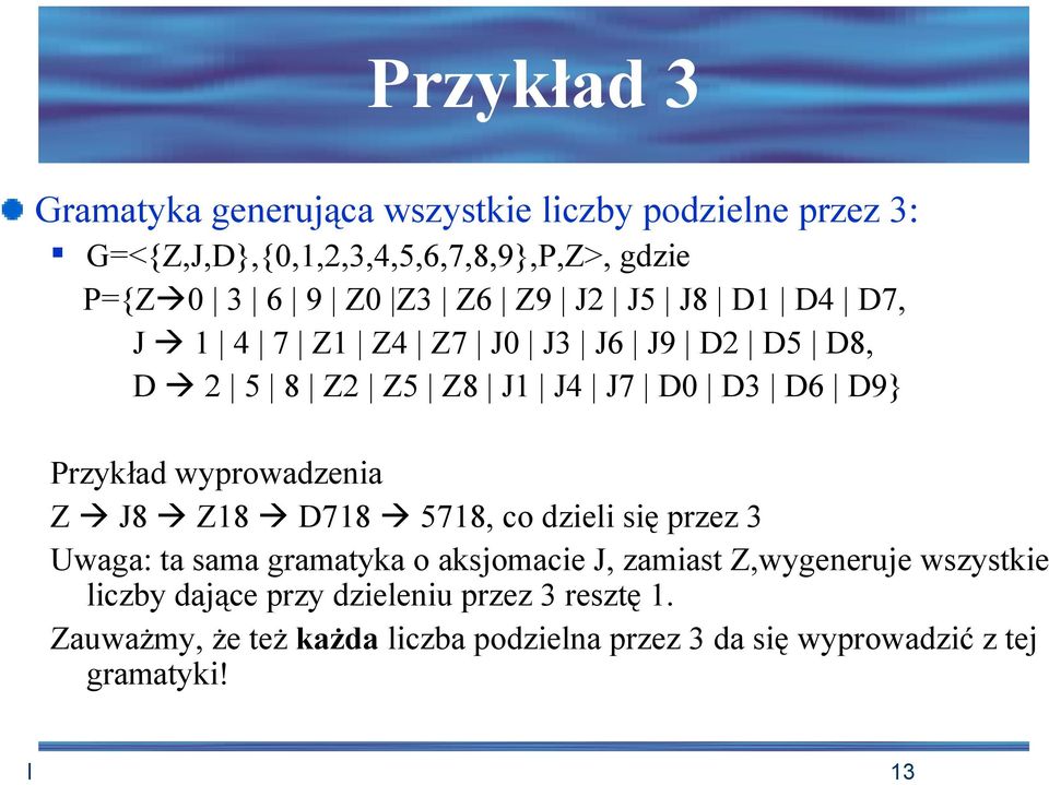 wyprowadzenia Z J8 Z18 D718 5718, co dzieli się przez 3 Uwaga: ta sama gramatyka o aksjomacie J, zamiast Z,wygeneruje