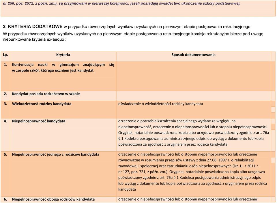 Kryteria Sposób dokumentowania 1. Kontynuacja nauki w gimnazjum znajdującym się w zespole szkół, którego uczniem jest kandydat 2. Kandydat posiada rodzeństwo w szkole 3.