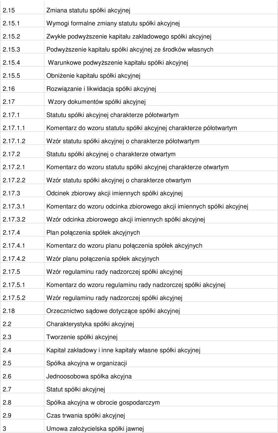 17.1.1 Komentarz do wzoru statutu spółki akcyjnej charakterze półotwartym 2.17.1.2 Wzór statutu spółki akcyjnej o charakterze półotwartym 2.17.2 Statutu spółki akcyjnej o charakterze otwartym 2.17.2.1 Komentarz do wzoru statutu spółki akcyjnej charakterze otwartym 2.