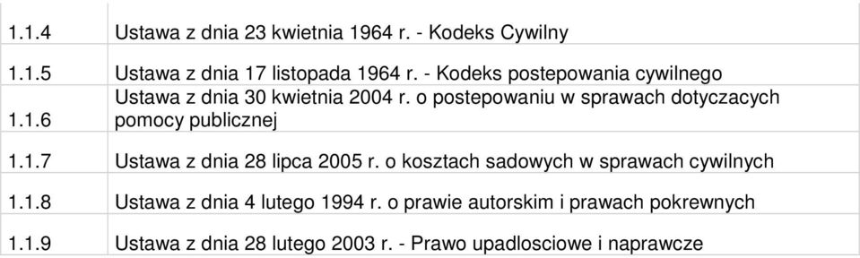 1.6 pomocy publicznej 1.1.7 Ustawa z dnia 28 lipca 2005 r. o kosztach sadowych w sprawach cywilnych 1.1.8 Ustawa z dnia 4 lutego 1994 r.