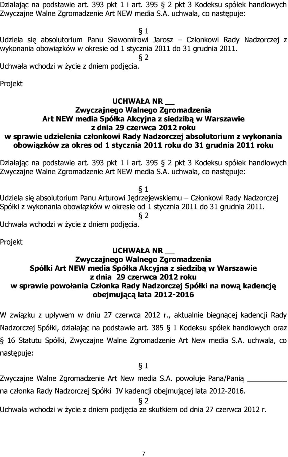 w sprawie udzielenia członkowi Rady Nadzorczej absolutorium z wykonania obowiązków za okres od 1 stycznia 2011 roku do 31 grudnia 2011 roku  395 pkt 3 Kodeksu spółek handlowych Udziela się