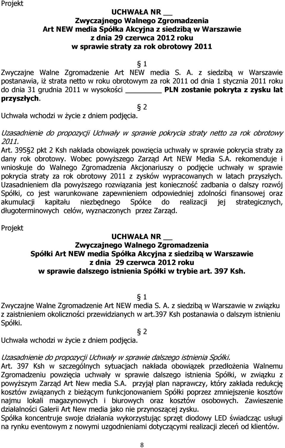 z siedzibą w Warszawie postanawia, iż strata netto w roku obrotowym za rok 2011 od dnia 1 stycznia 2011 roku do dnia 31 grudnia 2011 w wysokości PLN zostanie pokryta z zysku lat przyszłych.