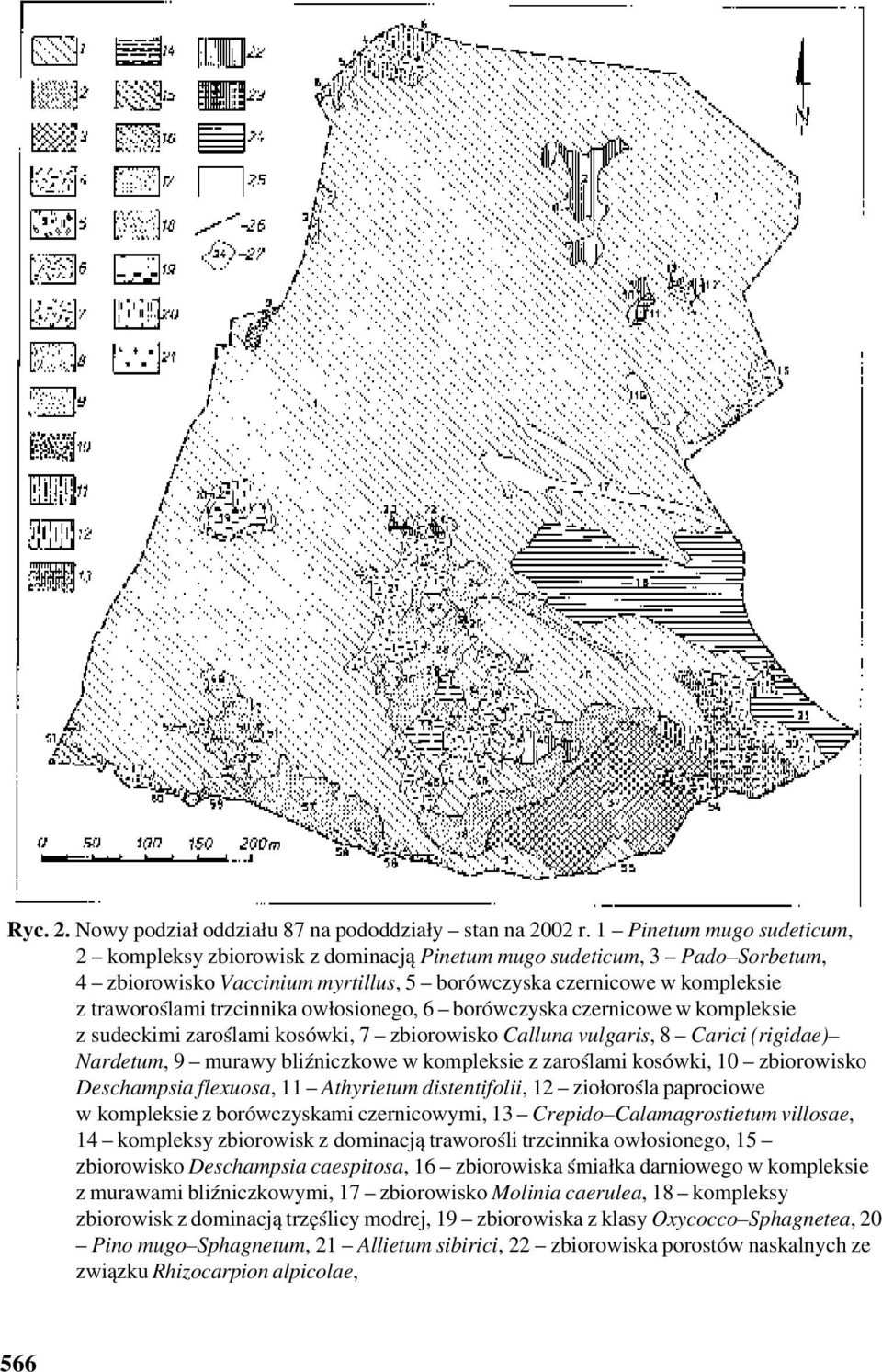 trzcinnika owłosionego, 6 borówczyska czernicowe w kompleksie z sudeckimi zaroślami kosówki, 7 zbiorowisko Calluna vulgaris, 8 Carici (rigidae) Nardetum, 9 murawy bliźniczkowe w kompleksie z