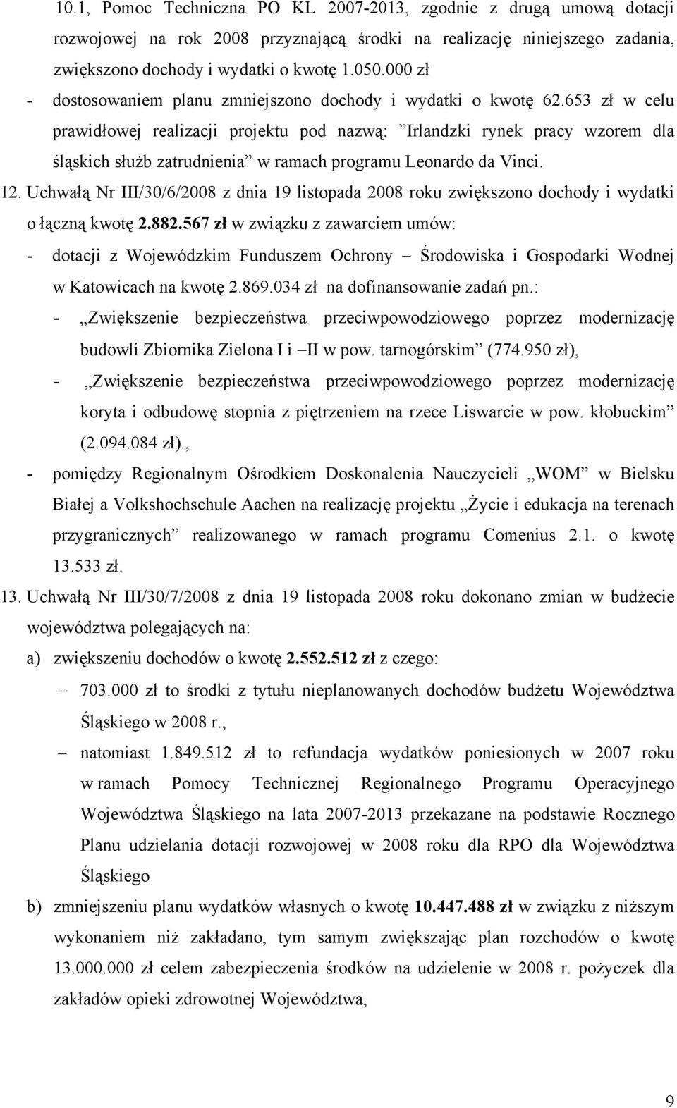 653 zł w celu prawidłowej realizacji projektu pod nazwą: Irlandzki rynek pracy wzorem dla śląskich służb zatrudnienia w ramach programu Leonardo da Vinci. 12.