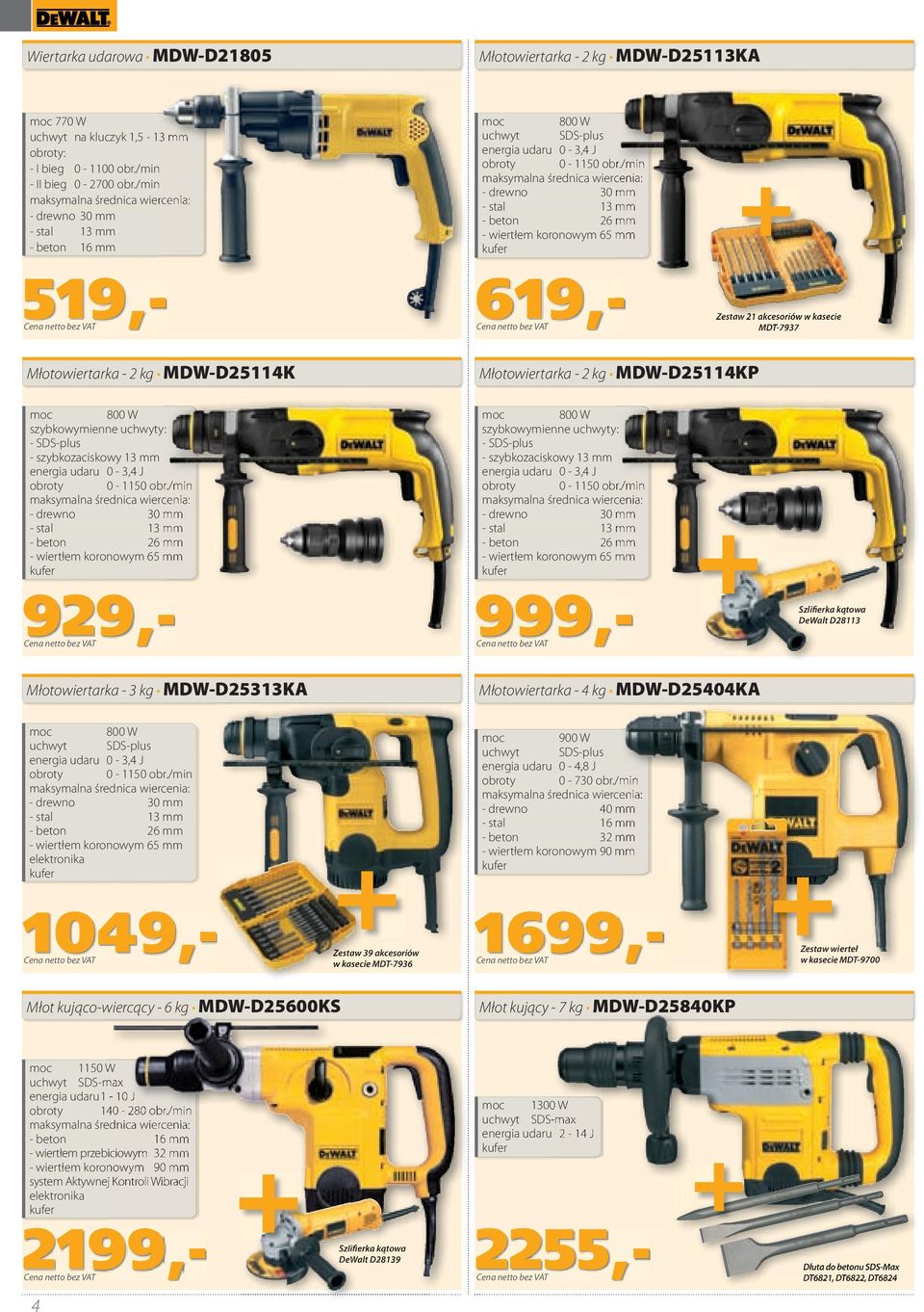 /min - drewno 30 mm - stal 13 mm - beton 26 mm - wiertłem koronowym 65 mm - Zestaw 21 akcesoriów w kasecie MDT-7937 Młotowiertarka - 2 kg MDW-D25114K Młotowiertarka - 2 kg MDW-D25114KP 800 W