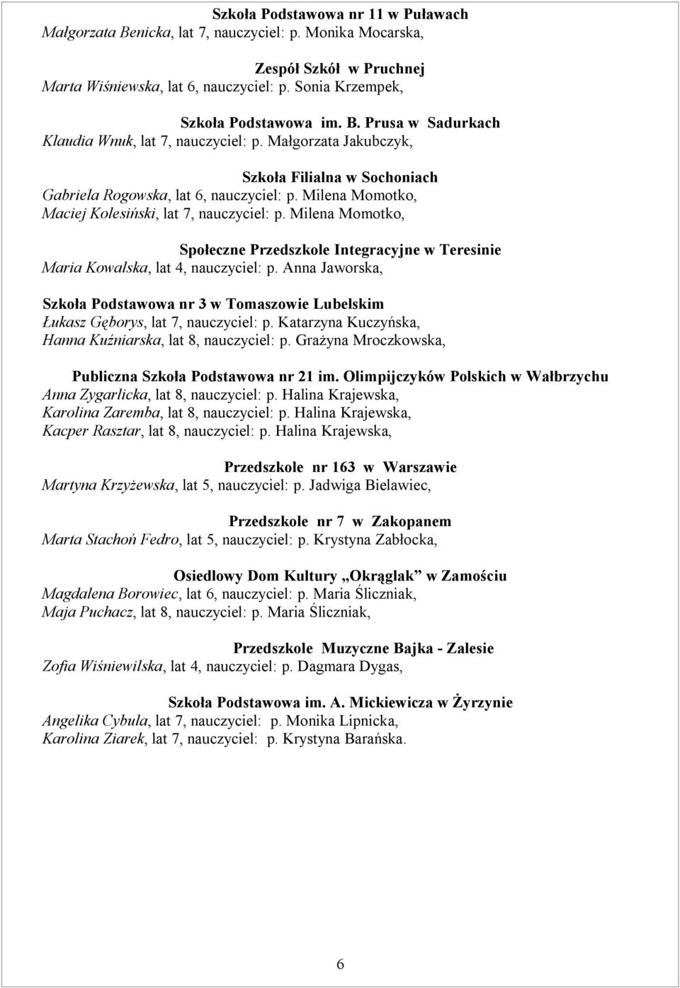 Milena Momotko, Społeczne Przedszkole Integracyjne w Teresinie Maria Kowalska, lat 4, nauczyciel: p. Anna Jaworska, Szkoła Podstawowa nr 3 w Tomaszowie Lubelskim Łukasz Gęborys, lat 7, nauczyciel: p.