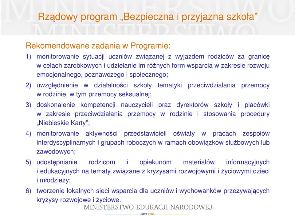 doskonalenie kompetencji nauczycieli oraz dyrektorów szkoły i placówki w zakresie przeciwdziałania przemocy w rodzinie i stosowania procedury Niebieskie Karty ; 4) monitorowanie aktywności