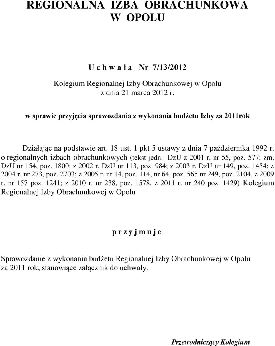 - DzU z 2001 r. nr 55, poz. 577; zm. DzU nr 154, poz. 1800; z 2002 r. DzU nr 113, poz. 984; z 2003 r. DzU nr 149, poz. 1454; z 2004 r. nr 273, poz. 2703; z 2005 r. nr 14, poz. 114, nr 64, poz.