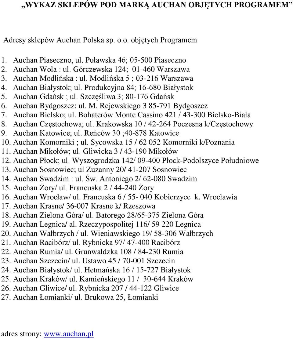 Auchan Bydgoszcz; ul. M. Rejewskiego 3 85-791 Bydgoszcz 7. Auchan Bielsko; ul. Bohaterów Monte Cassino 421 / 43-300 Bielsko-Biała 8. Auchan Częstochowa; ul.