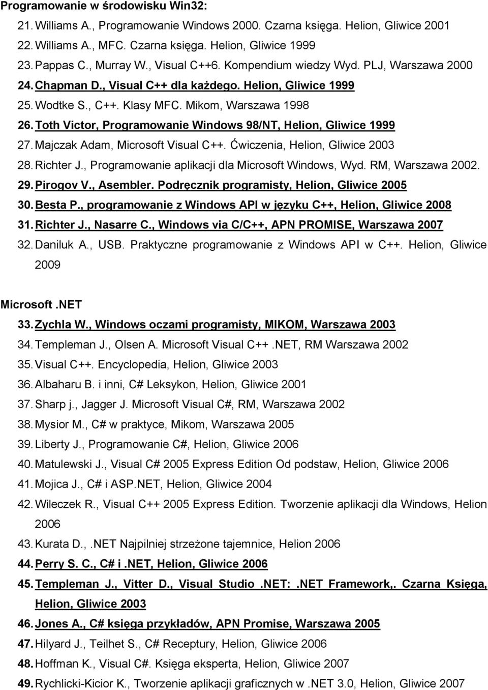 Toth Victor, Programowanie Windows 98/NT, Helion, Gliwice 1999 27. Majczak Adam, Microsoft Visual C++. Ćwiczenia, Helion, Gliwice 2003 28. Richter J.