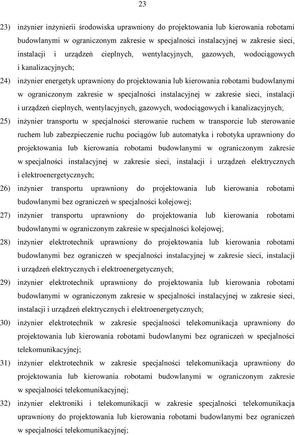 instalacyjnej w zakresie sieci, instalacji i urządzeń cieplnych, wentylacyjnych, gazowych, wodociągowych i kanalizacyjnych; 25) inżynier transportu w specjalności sterowanie ruchem w transporcie lub