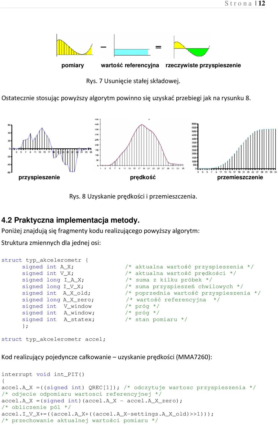 Poniżej znajdują się fragmenty kodu realizującego powyższy algorytm: Struktura zmiennych dla jednej osi: struct typ_akcelerometr { signed int A_X; /* aktualna wartość przyspieszenia */ signed int