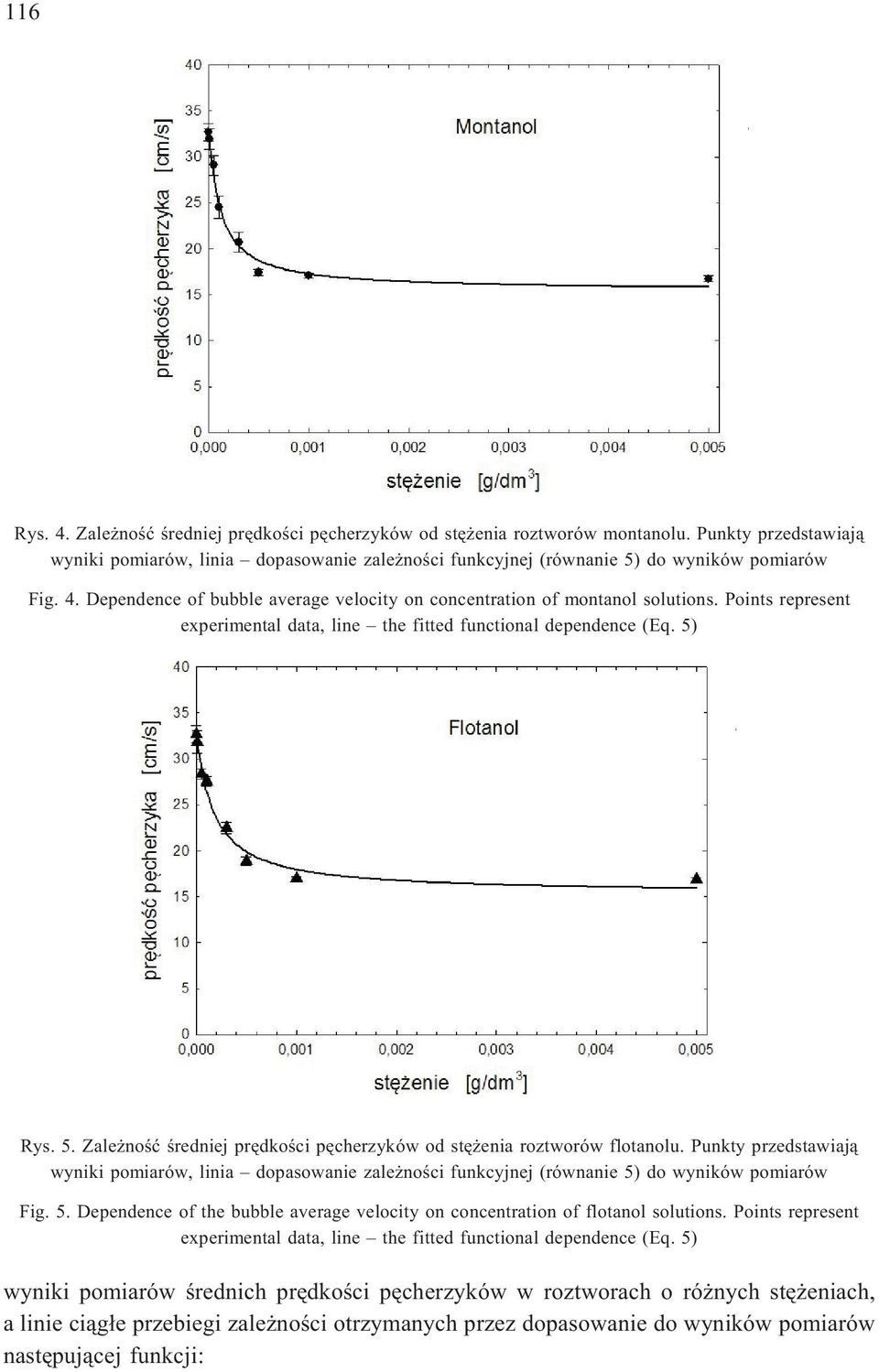 Points represent experimental data, line the fitted functional dependence (Eq. 5) Rys. 5. Zale noœæ œredniej prêdkoœci pêcherzyków od stê enia roztworów flotanolu.