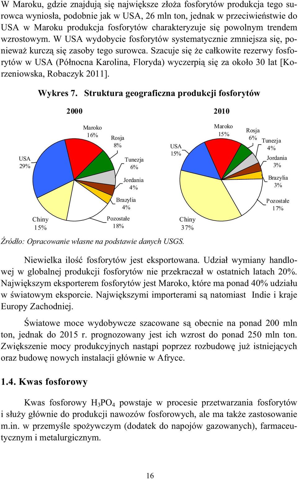 Szacuje si e ca kowite rezerwy fosforytów w USA (Pó nocna Karolina, Floryda) wyczerpi si za oko o 30 lat [Korzeniowska, Robaczyk 2011]. Wykres 7.