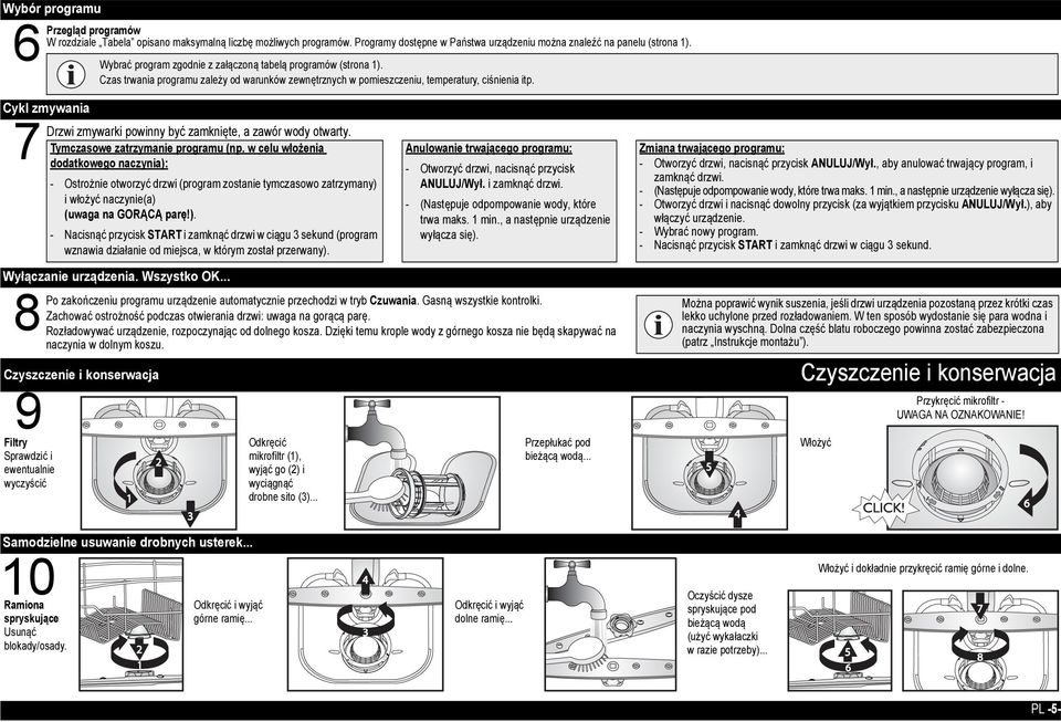Czyszczenie i konserwacja 9 Filtry Sprawdzić i ewentualnie wyczyścić Wybrać program zgodnie z załączoną tabelą programów (strona 1).