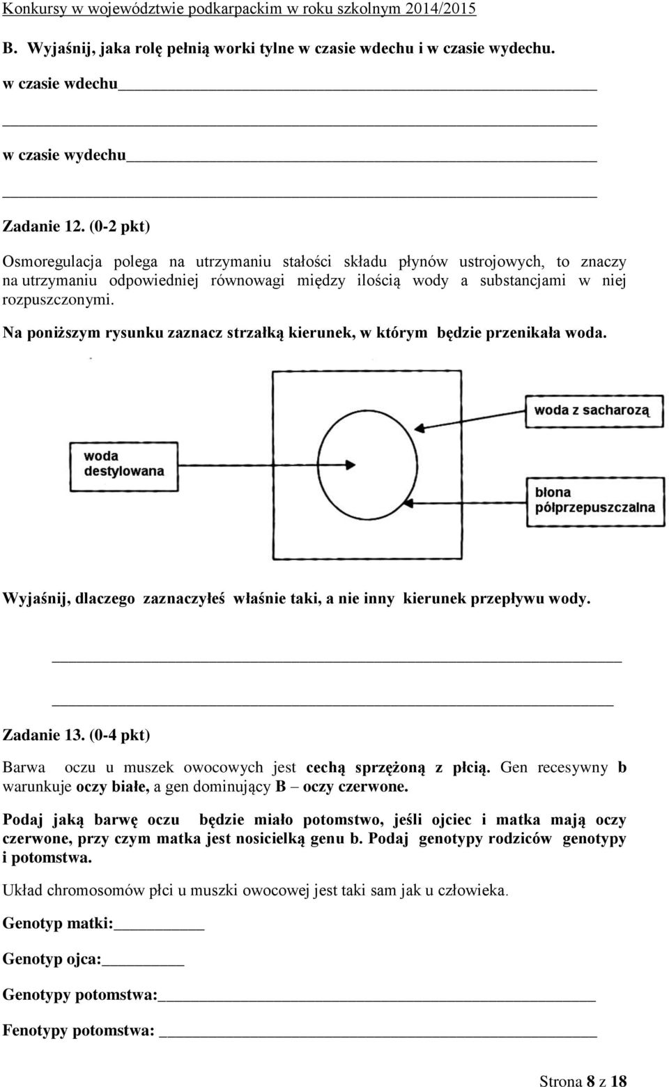 Na poniższym rysunku zaznacz strzałką kierunek, w którym będzie przenikała woda. Wyjaśnij, dlaczego zaznaczyłeś właśnie taki, a nie inny kierunek przepływu wody. Zadanie 13.