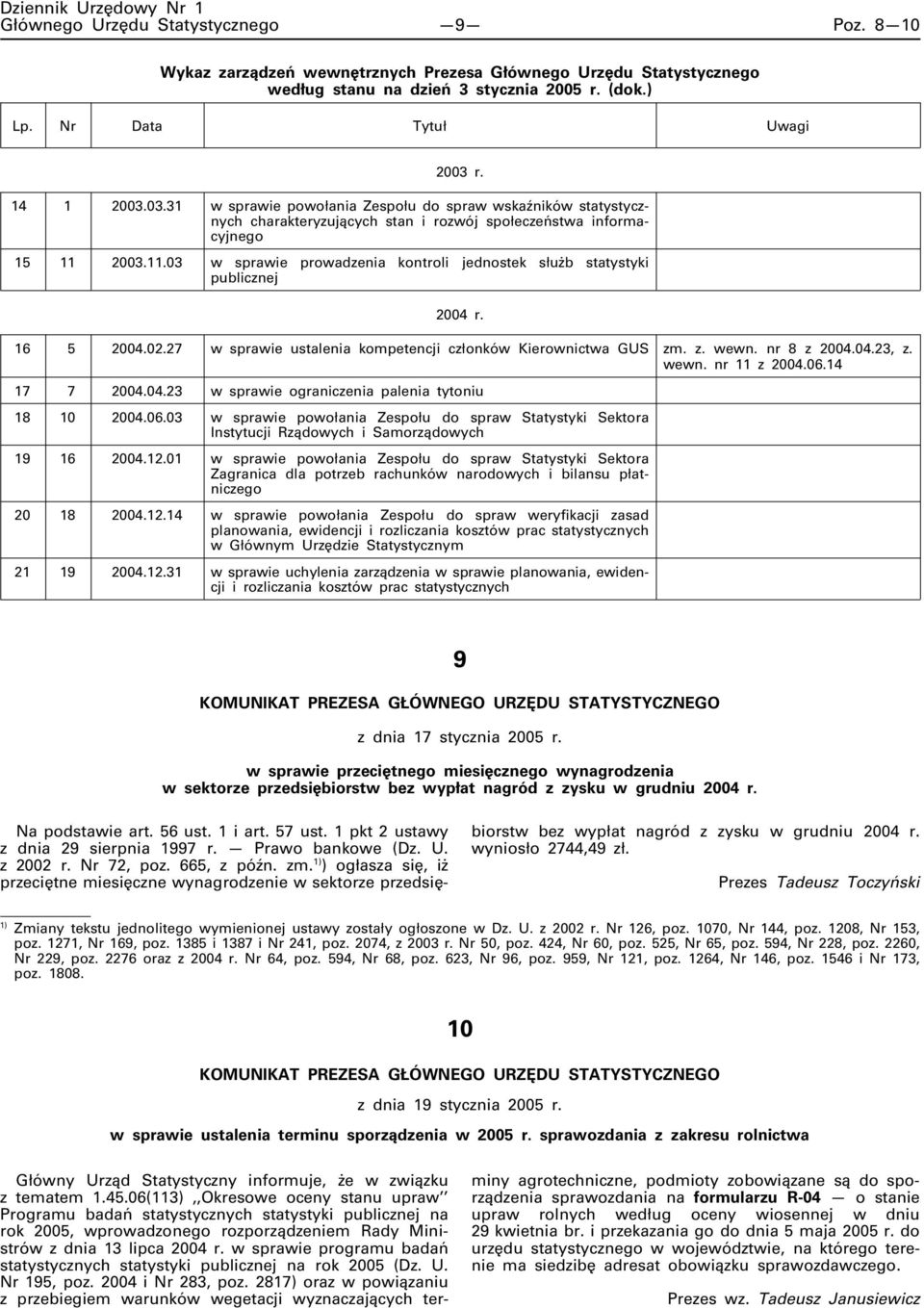 2003.11.03 w sprawie prowadzenia kontroli jednostek służb statystyki publicznej 2004 r. 16 5 2004.02.27 w sprawie ustalenia kompetencji członków Kierownictwa GUS zm. z. wewn. nr 8 z 2004.04.23, z.