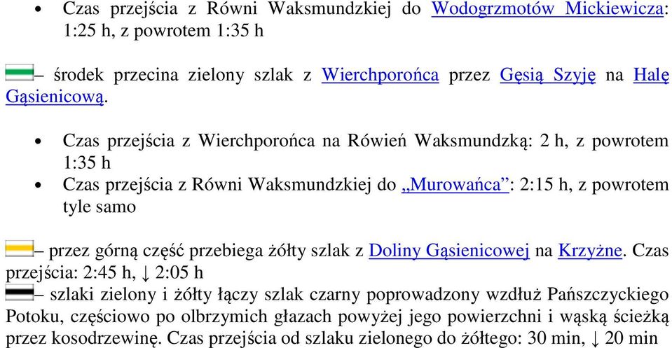 Czas przejścia z Wierchporońca na Rówień Waksmundzką: 2 h, z powrotem 1:35 h Czas przejścia z Równi Waksmundzkiej do Murowańca : 2:15 h, z powrotem tyle samo przez górną