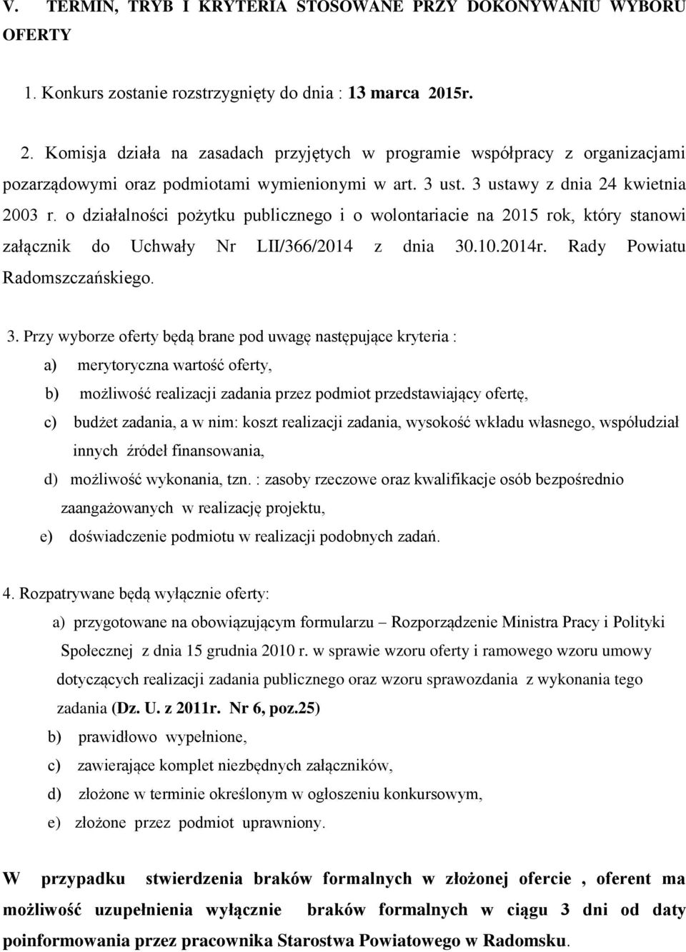 o działalności pożytku publicznego i o wolontariacie na 2015 rok, który stanowi załącznik do Uchwały Nr LII/366/2014 z dnia 30