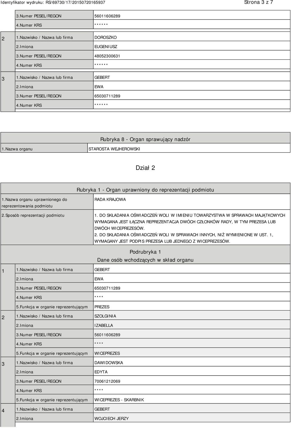 Nazwa organu uprawnionego do reprezentowania podmiotu 2.Sposób reprezentacji podmiotu RADA KRAJOWA 1.