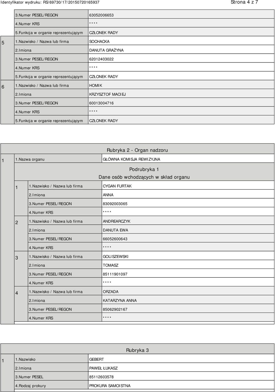 Nazwa organu GŁÓWNA KOMISJA REWIZYJNA Podrubryka 1 Dane osób wchodzących w skład organu 1 1.Nazwisko / Nazwa lub firma CYGAN FURTAK ANNA 3.Numer PESEL/REGON 83092003065 2 1.