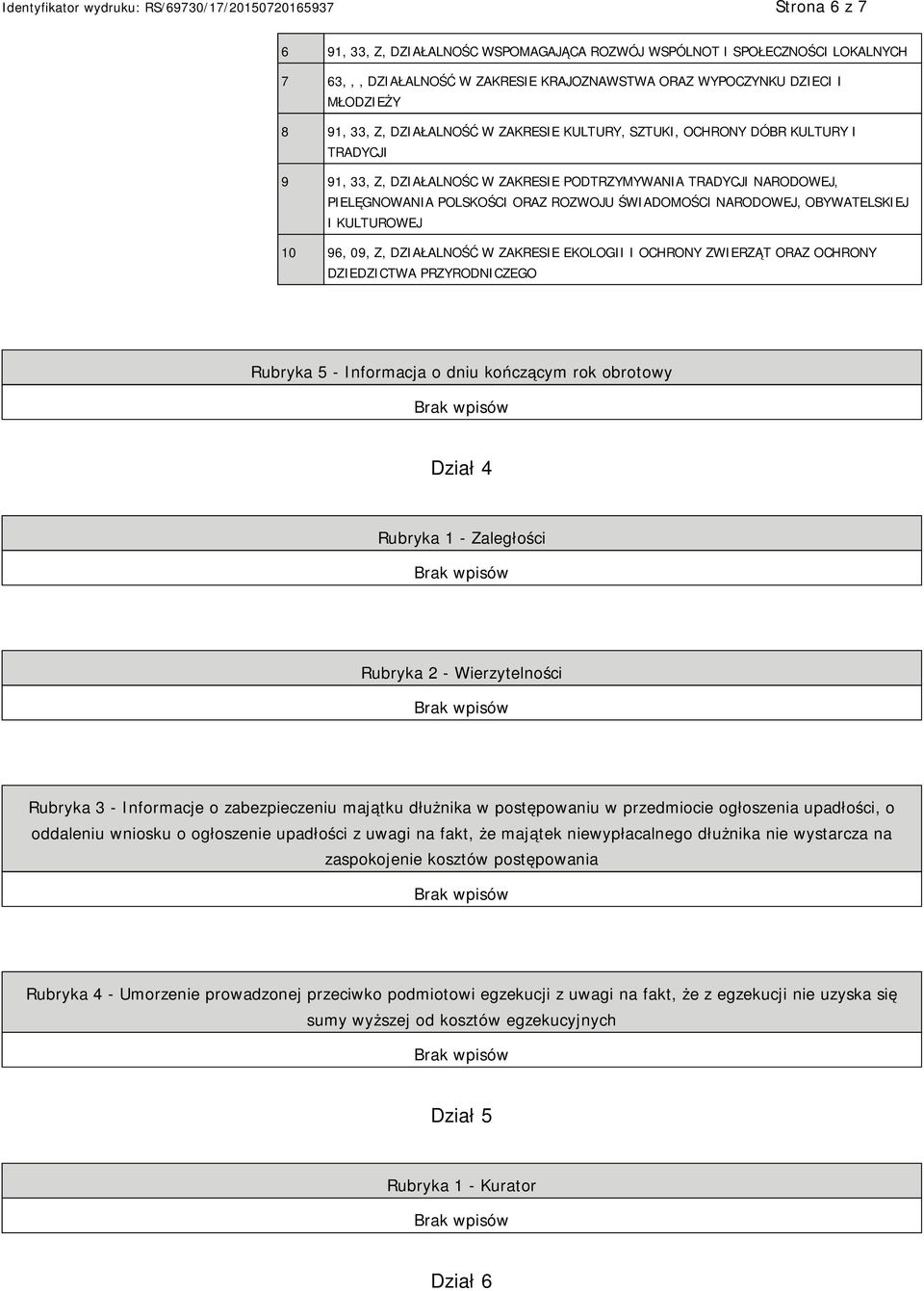 OBYWATELSKIEJ I KULTUROWEJ 10 96, 09, Z, DZIAŁALNOŚĆ W ZAKRESIE EKOLOGII I OCHRONY ZWIERZĄT ORAZ OCHRONY DZIEDZICTWA PRZYRODNICZEGO Rubryka 5 - Informacja o dniu kończącym rok obrotowy Dział 4